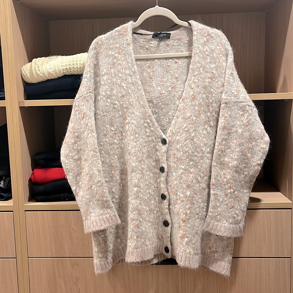 Beige and Pink Mohair wool blend oversized cardigan